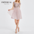 Knee Length Cute Style Cap Sleeve Pink Color Lace Sequin Party Dress
